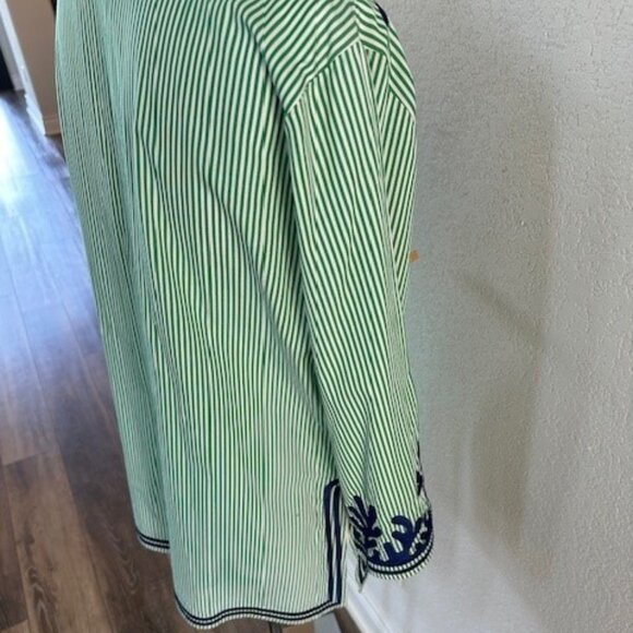 Gretchen Scott Green & White Striped Tunic w/Navy Blue Coral Embroidery Size XL - Picture 5 of 5